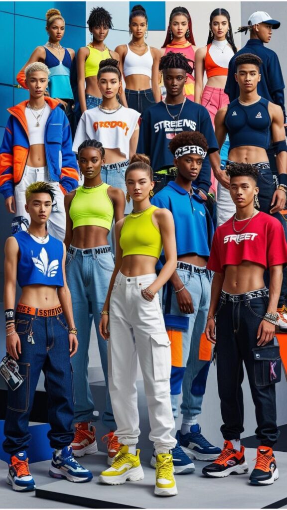 A group of diverse individuals showcasing the latest urban fashion trends, including oversized clothing, Y2K-inspired looks, and sportswear influences.