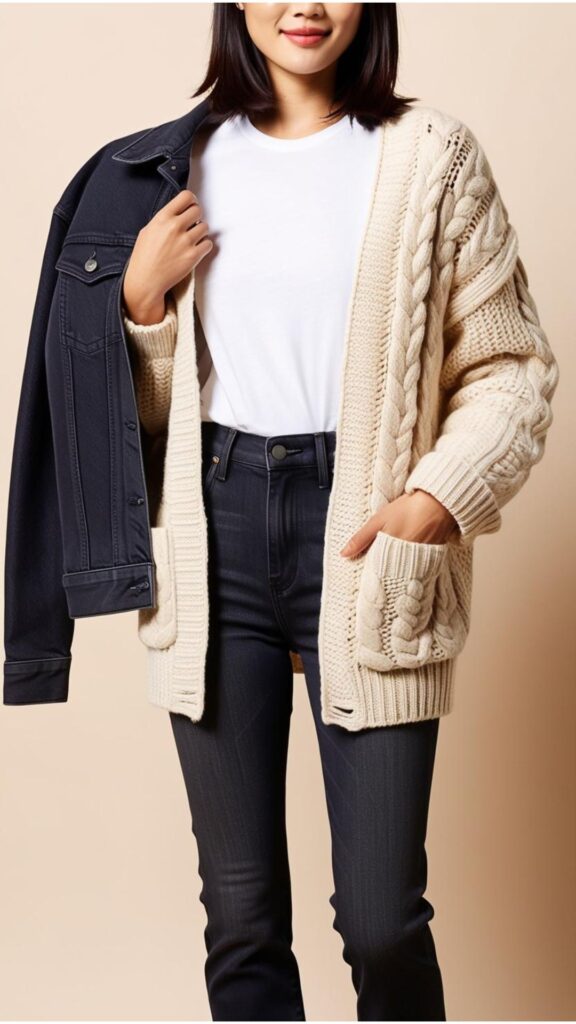 A pretty woman wearing a white t-shirt layered with a chunky knit cardigan and a denim jacket. She is also wearing a pair of jeans and ankle boots.