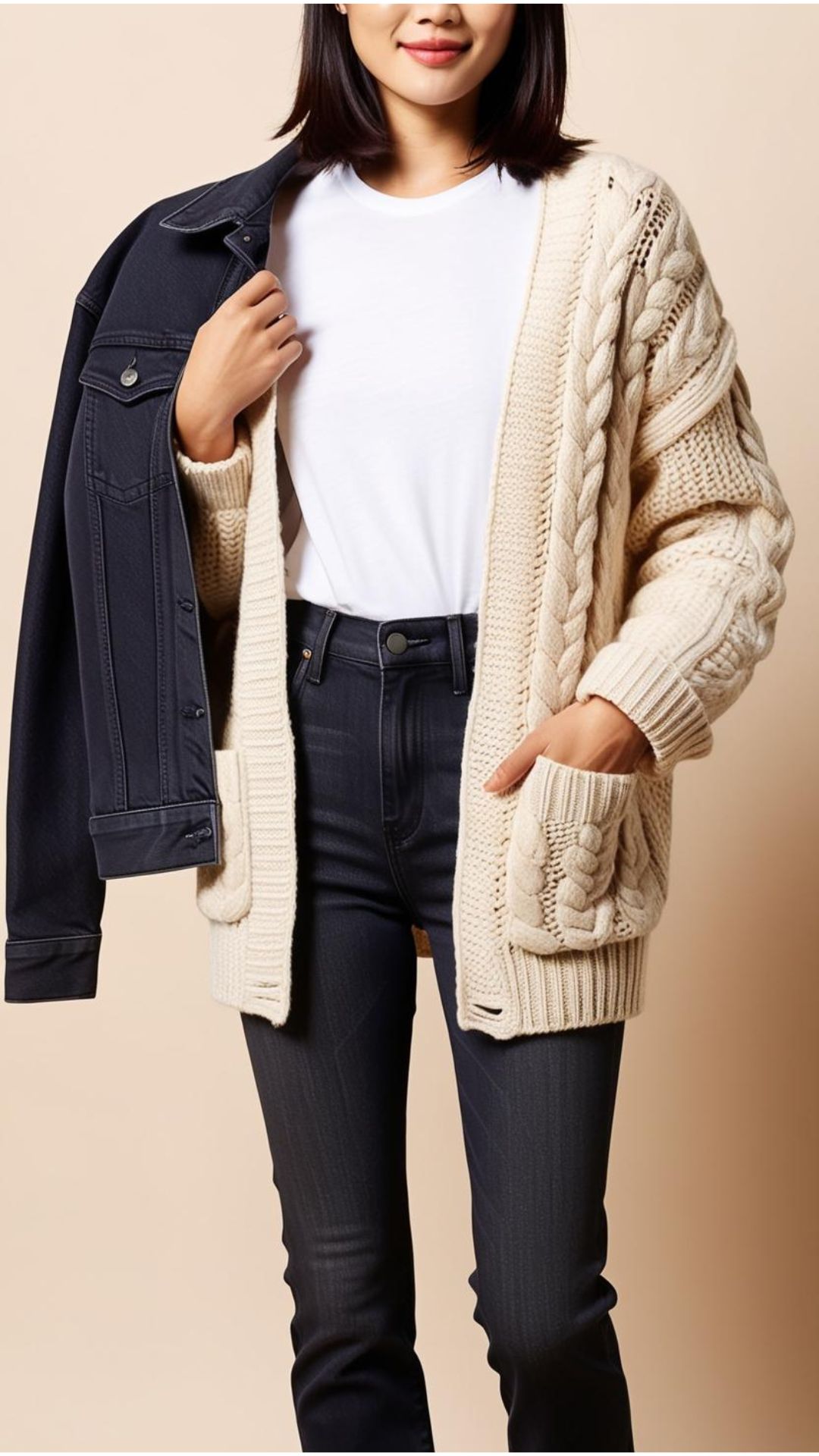 A pretty woman wearing a white t-shirt layered with a chunky knit cardigan and a denim jacket. She is also wearing a pair of jeans and ankle boots.