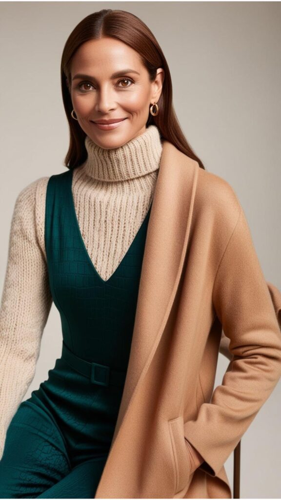 A beautiful woman wearing a long-sleeved one-piece jumpsuit with a chunky knit turtleneck sweater and a long coat.