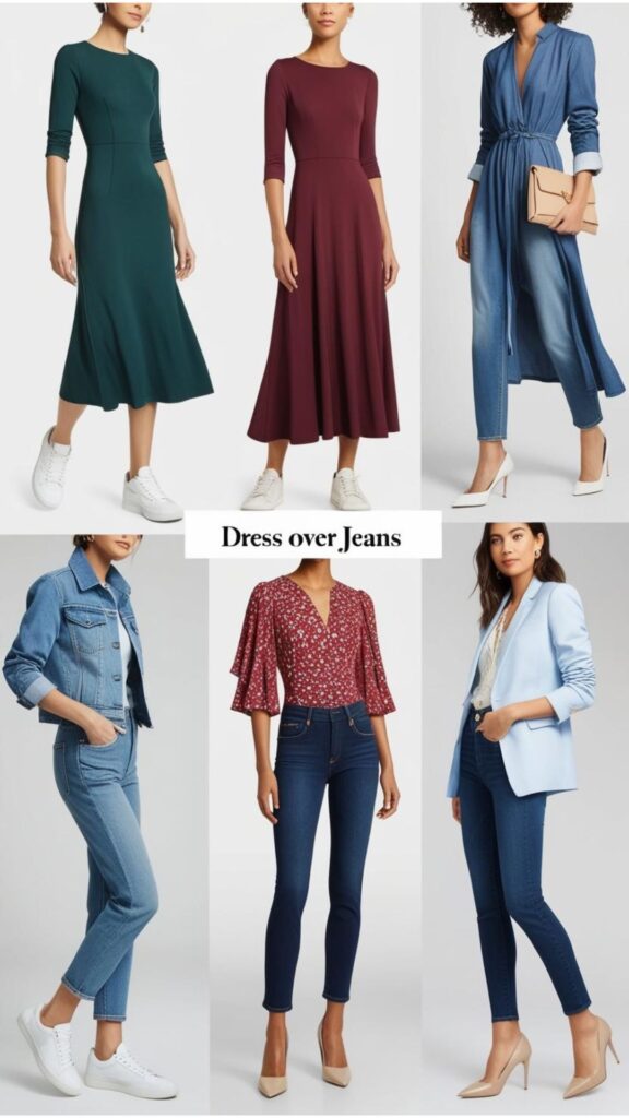 Dress over jeans styling: Balance proportions (fitted dress with looser jeans, vice versa), play with lengths, and consider the occasion (casual with sneakers/denim, dressy with heels/blazer).