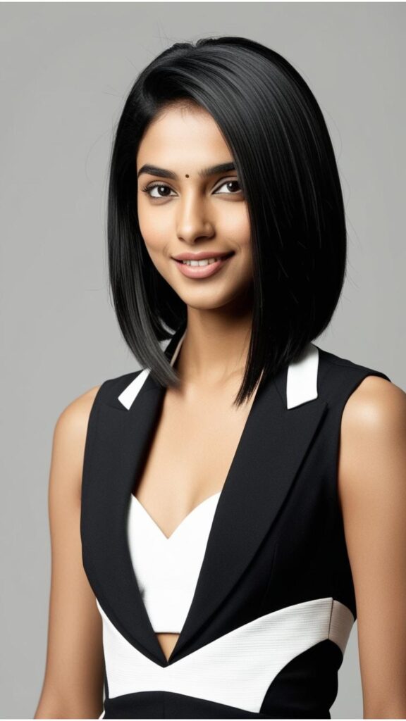 A person with medium length, straight hair styled in a lob, showcasing a modern and chic look.