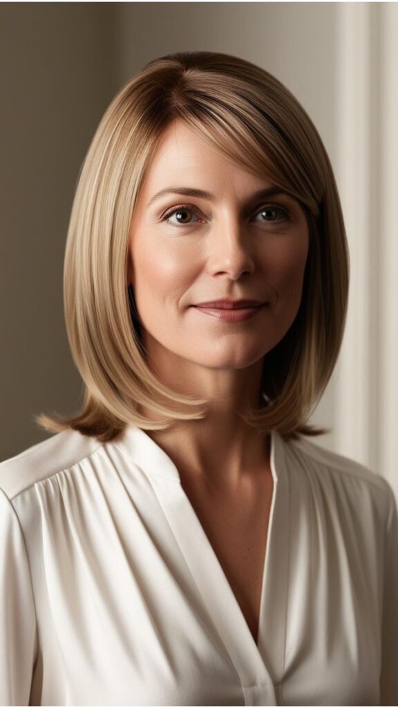 A person with medium length, thin fine hair styled in a lob.