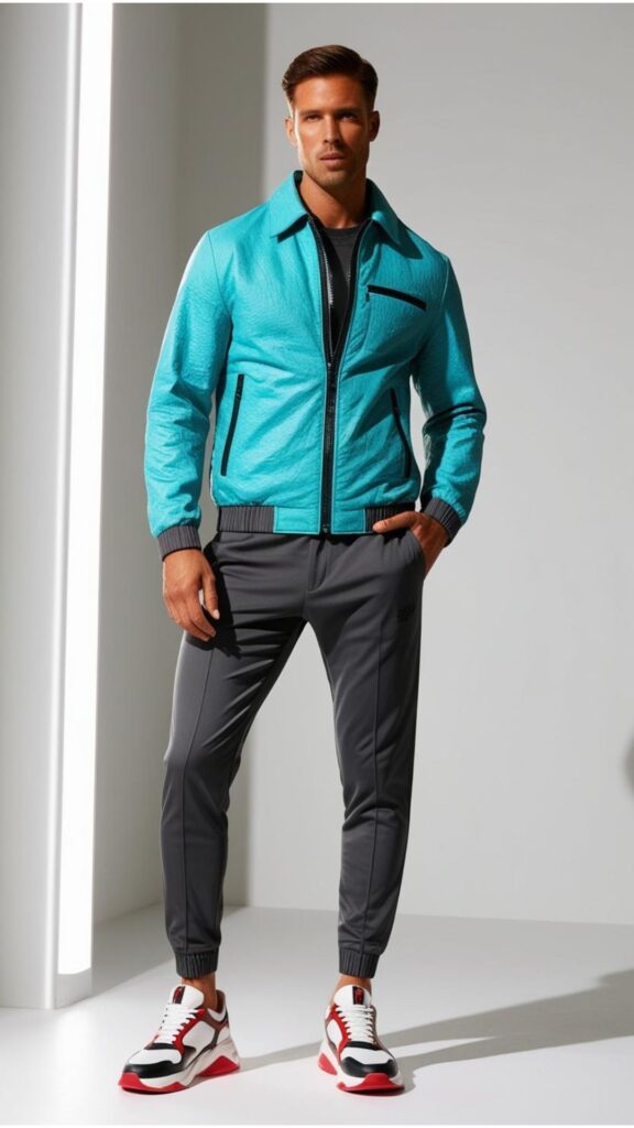 A man wearing a stylish jacket made from recycled materials, paired with tailored joggers and statement sneakers.