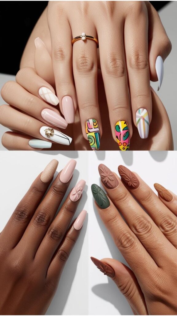A pair of hand showcasing various nail trends predicted for 2025, including minimalist designs, Y2K-inspired looks, textured nails, and nature-inspired motifs.