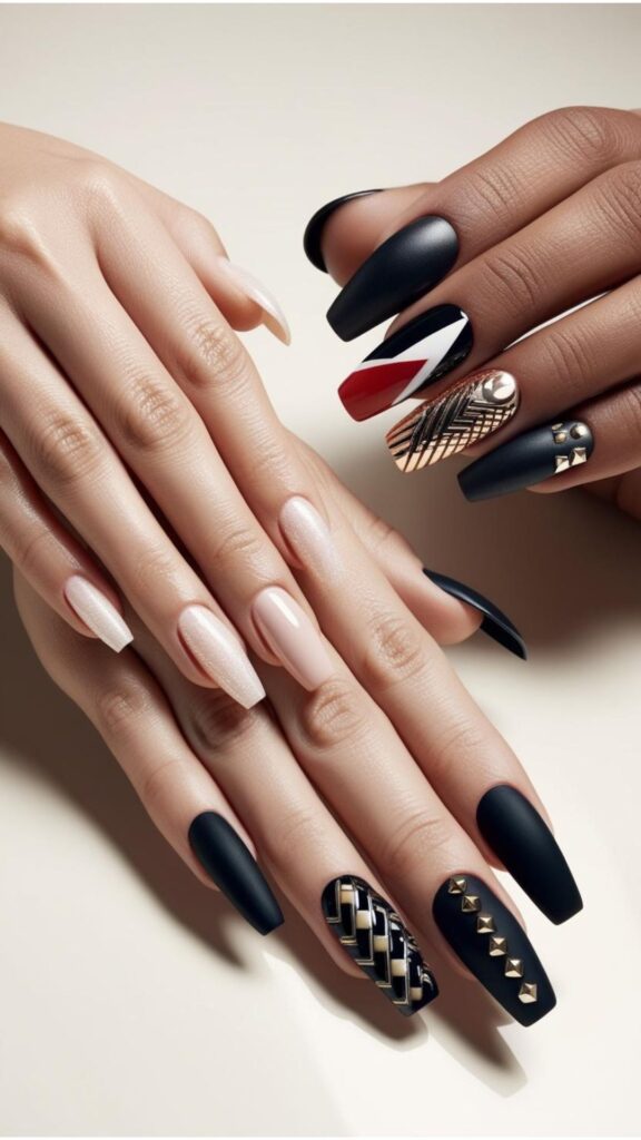 A pair of hands showcasing different nail aesthetics, such as classic, modern, and edgy.
