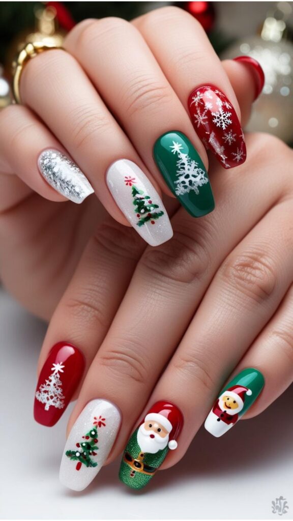 Hands with Christmas-themed nail art designs, such as glitter, Christmas trees, ornaments, or Santa Claus