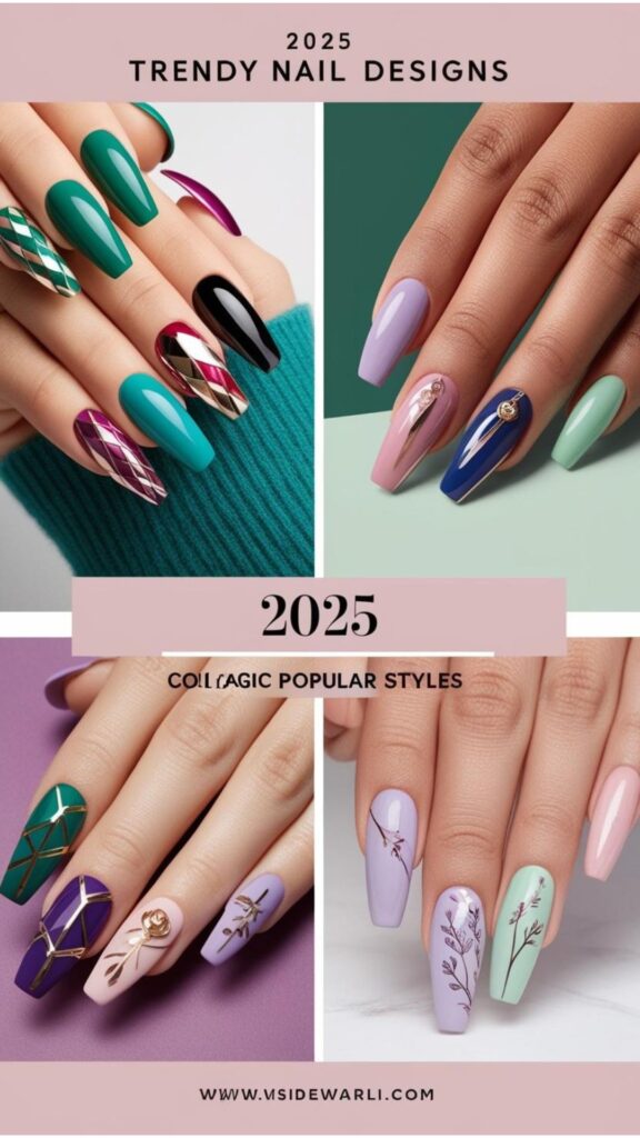 A collage showcasing 2 pairs of nail design trends for 2025, including new color palettes, design techniques, and popular styles.