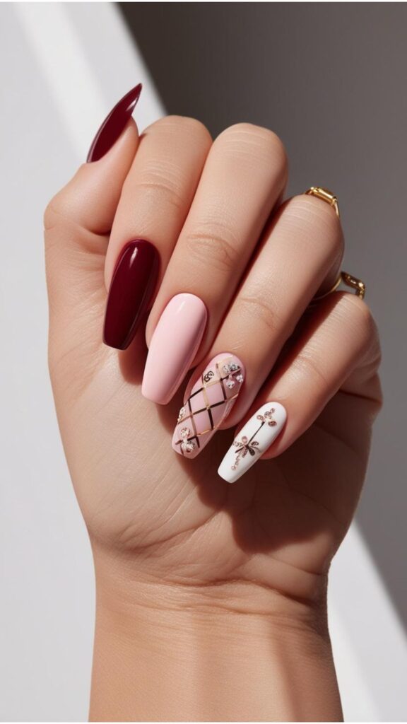 A hand showcasing a variety of nail designs, from simple solid colors to intricate patterns and embellishments.