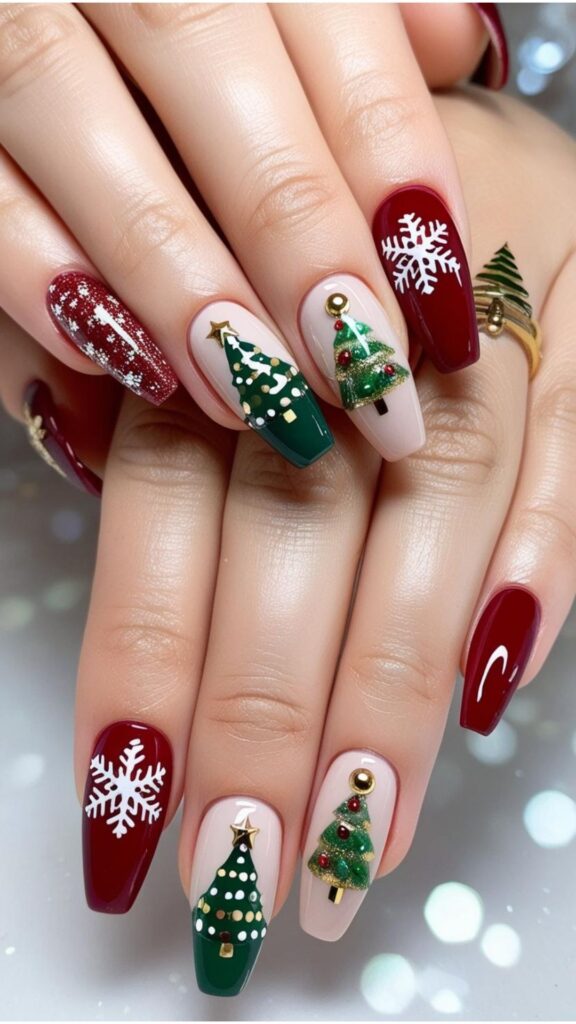 Hands with Christmas-themed nail designs, such as glittery snowflakes, miniature Christmas trees, or festive ornaments.