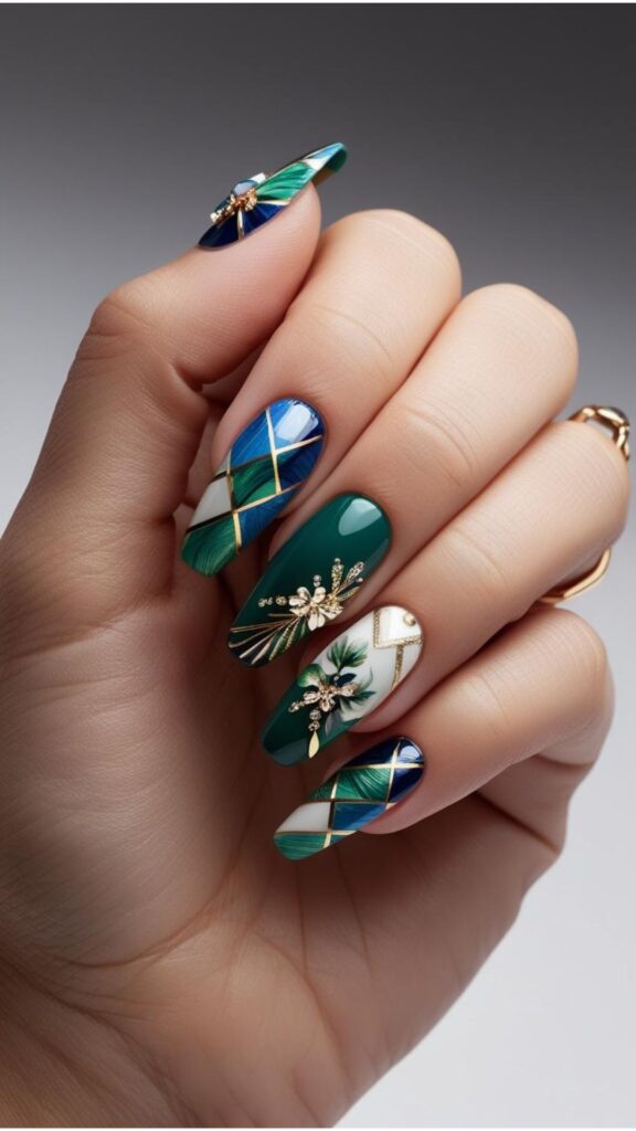 A hand showcasing a detailed nail art design, incorporating multiple colors, patterns, and embellishments.