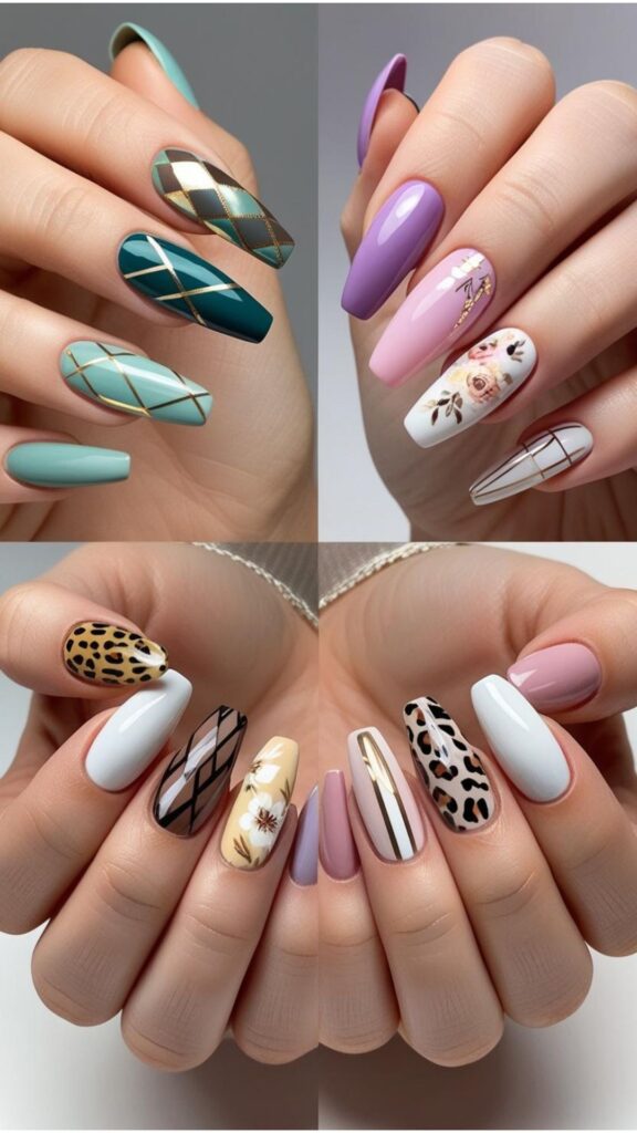 A pair of hand showcasing a few of nail design ideas, including geometric patterns, ombre effects, floral accents, animal prints, and negative space designs.