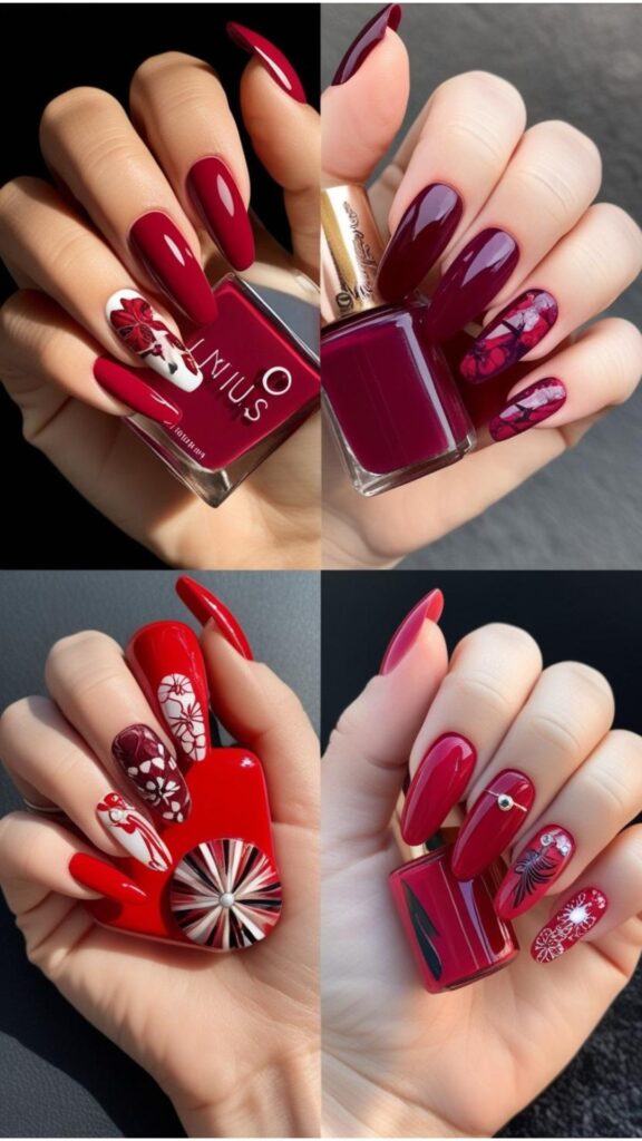 Four Hands with various red nail designs, showcasing different shades of red and design variations.
