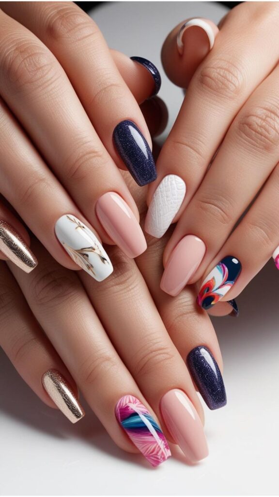 Hands with beautifully manicured short nails, showcasing various nail designs suitable for shorter lengths.