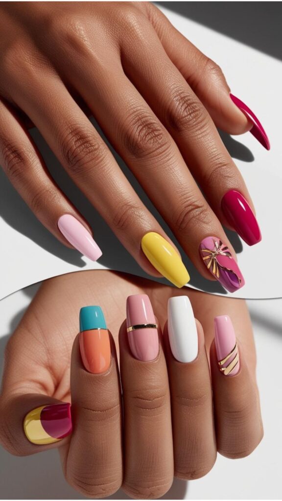 A collage model showing hand of five fingers with varying skin tones, showcasing nail designs in colors that complement her skin.