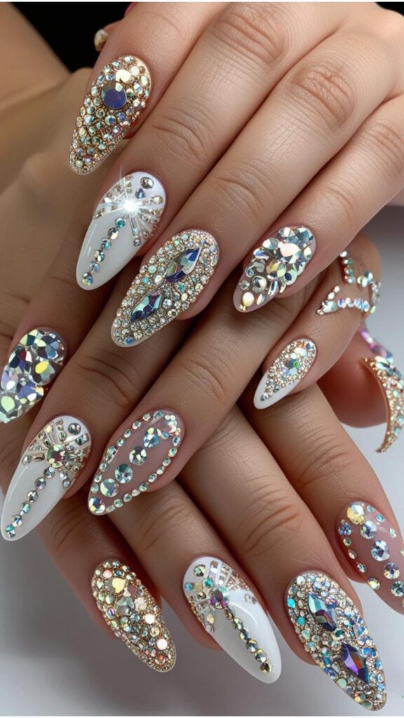 Close-up of hands with nail designs incorporating rhinestones, showcasing various ways to use them for added sparkle.