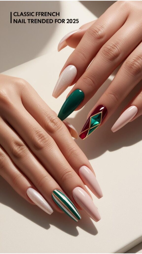 A pair of hand showcasing nail trends predicted for 2025, including new color palettes, design techniques, and popular styles.