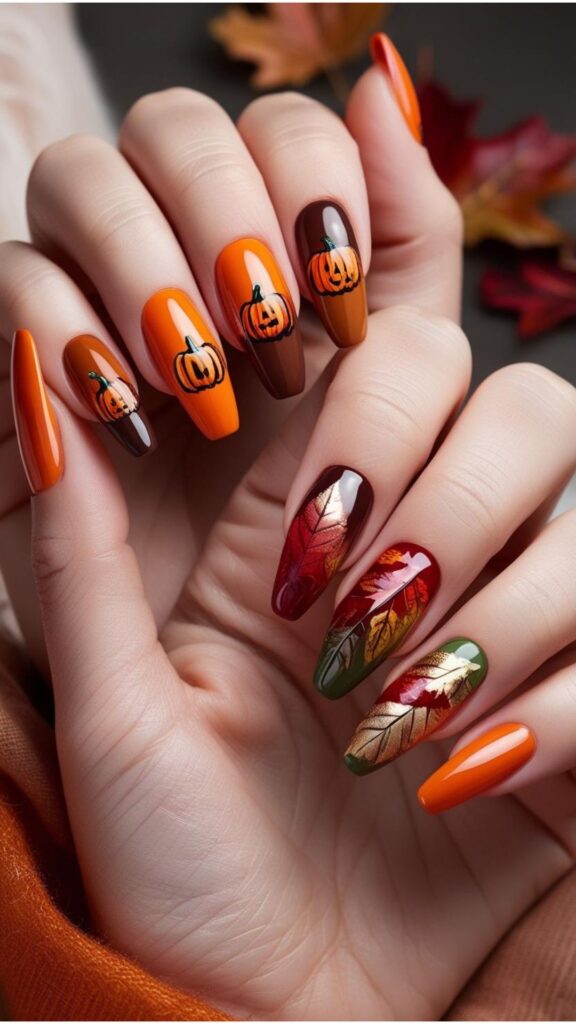 Hands with nail art designs inspired by autumn, such as leaves, pumpkins, or fall-themed color palettes