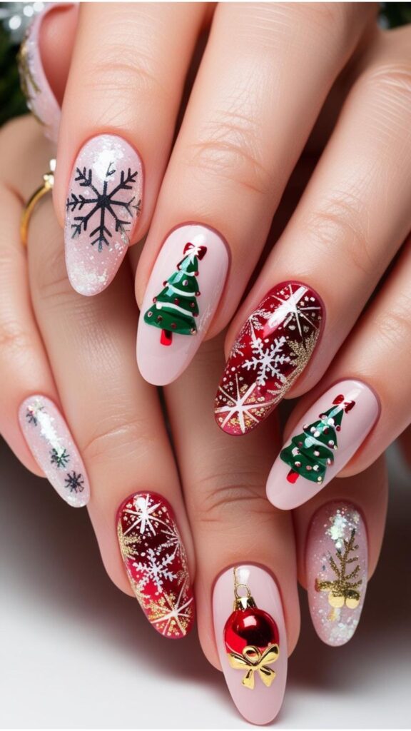 Hands with Christmas-themed nail art designs, such as glittery snowflakes, miniature Christmas trees, or festive ornaments