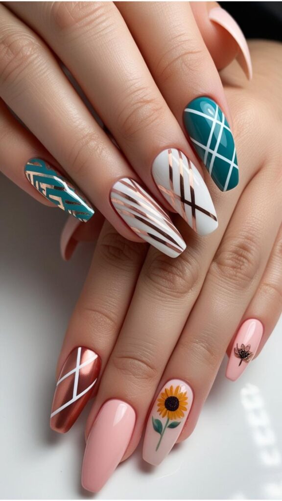 A pair of hand of nail design ideas, including geometric patterns, ombre effects, animal prints, and floral accents