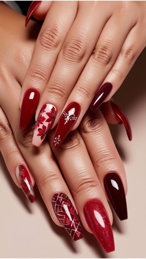 Pair of Hand with various red nail designs, showcasing different shades of red and design variations.
