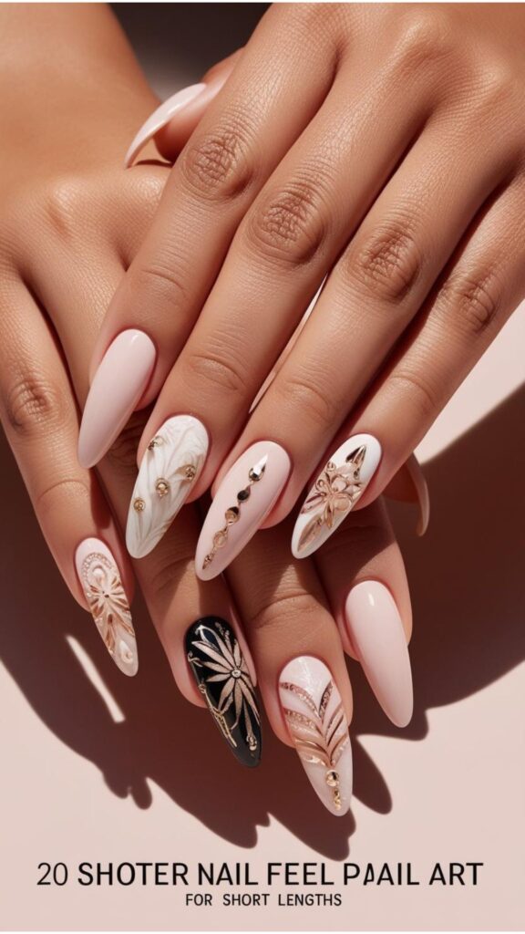 Hands with beautifully manicured short nails, showcasing various nail designs suitable for shorter lengths