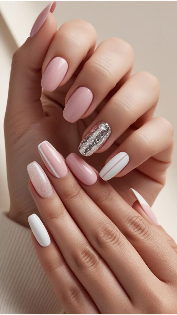 Hands with simple yet elegant nail designs, such as a solid color manicure, a French tip, or a subtle accent nail