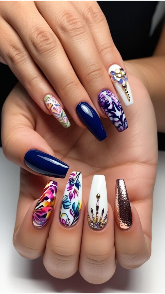 Pair of Hand with square-shaped nails showcasing various nail designs suitable for this shape.