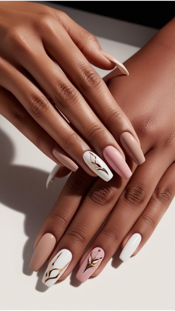 Pair of hand of models with varying skin tones, each showcasing nail designs in colors that complement their skin
