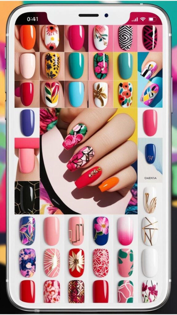 A phone screen displaying various nail art designs.