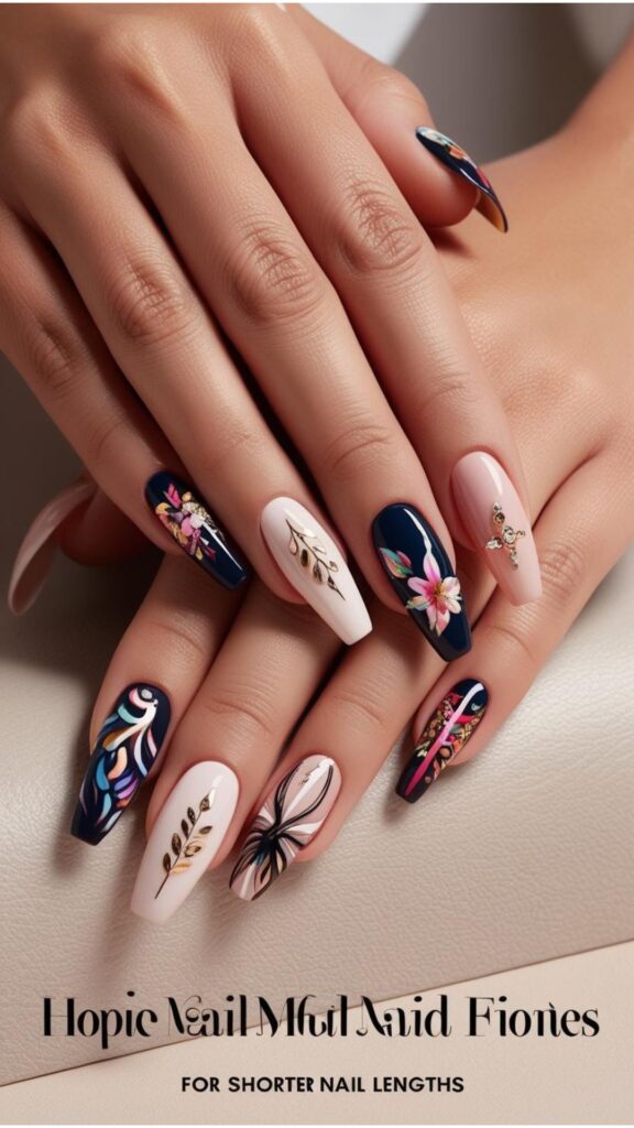 Pair of Hand with beautifully manicured short nails, showcasing various nail designs suitable for shorter lengths