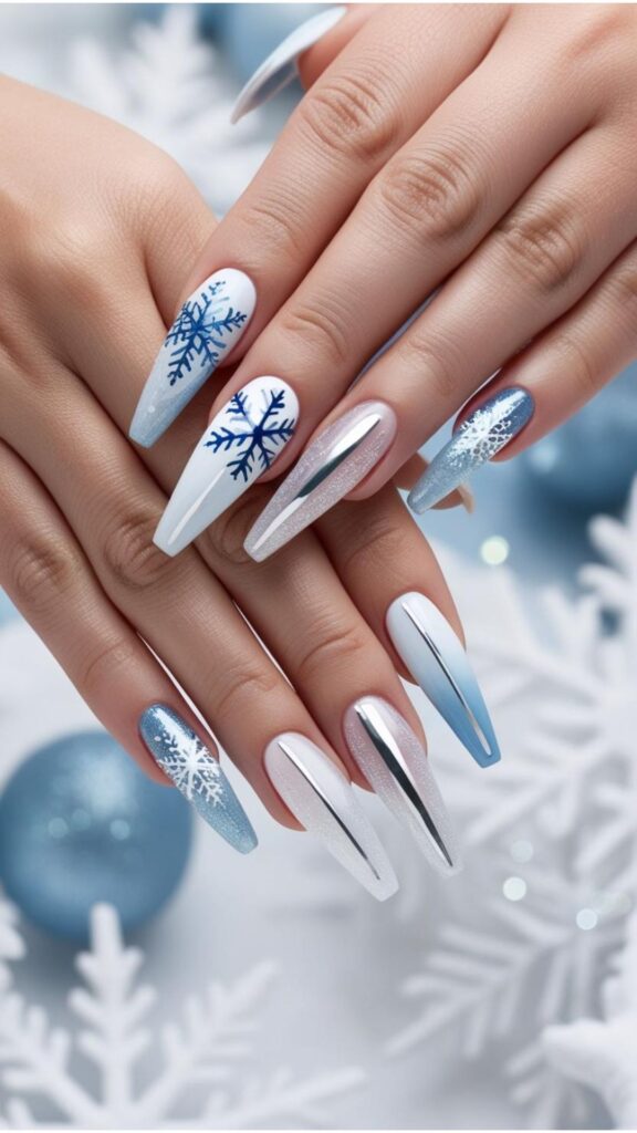 Hands with nail art designs inspired by winter, such as snowflakes, icicles, or winter-themed color palettes