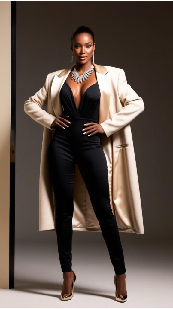 A stunning woman wearing a black long-sleeved jumpsuit with a beige blazer, heels, and a statement necklace.