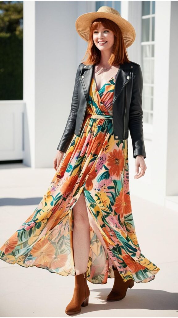 A lovely woman wearing a long floral maxi dress with a black leather jacket, ankle boots, and a wide-brimmed hat.
