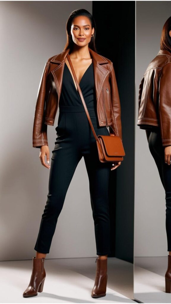 A pretty woman wearing a black jumpsuit with a brown leather jacket, ankle boots, and a crossbody bag.