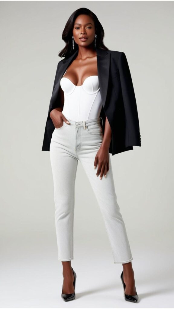 A beautiful woman wearing a white bodysuit with a black blazer, high-waisted jeans, and heels.