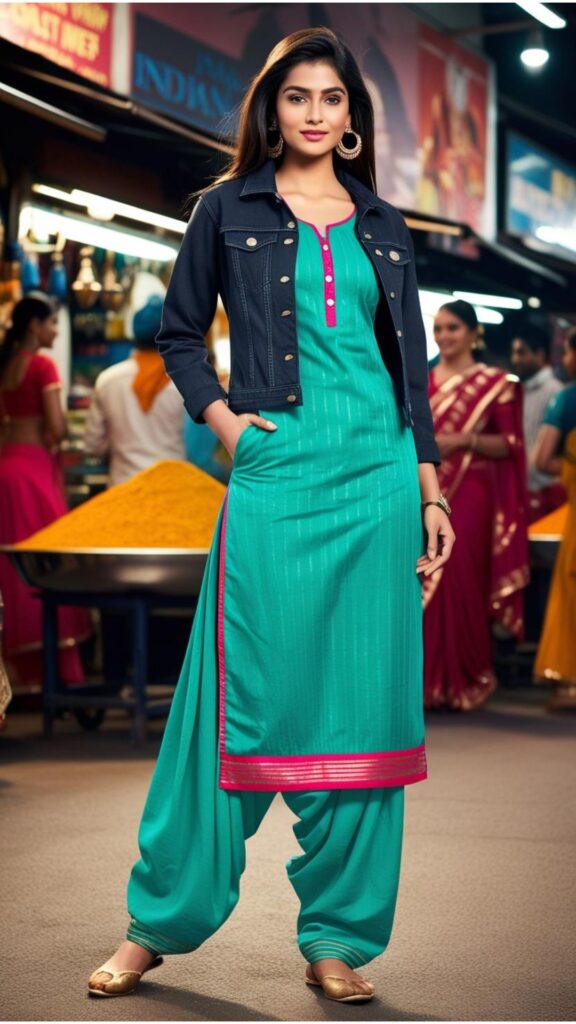 Pair a kurta or a salwar kameez with a denim jacket or a bomber jacket for a contemporary twist on traditional Indian wear.