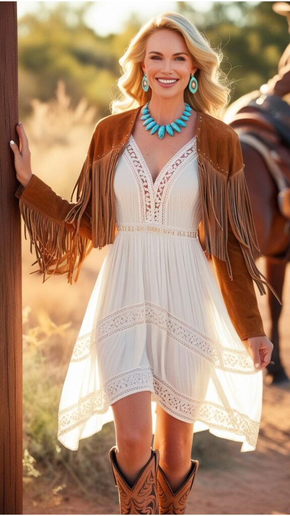 A pretty woman wearing a white flowy dress with a brown fringe jacket, cowboy boots, and a turquoise necklace.