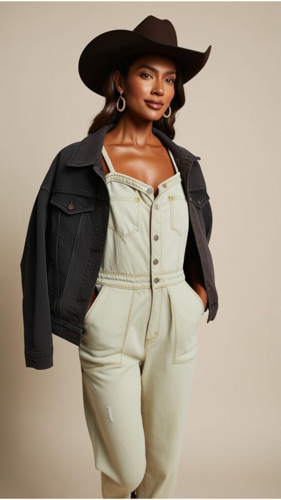 A beautiful woman wearing a light wash denim jumpsuit with a dark wash denim jacket, ankle boots, and a cowboy hat.