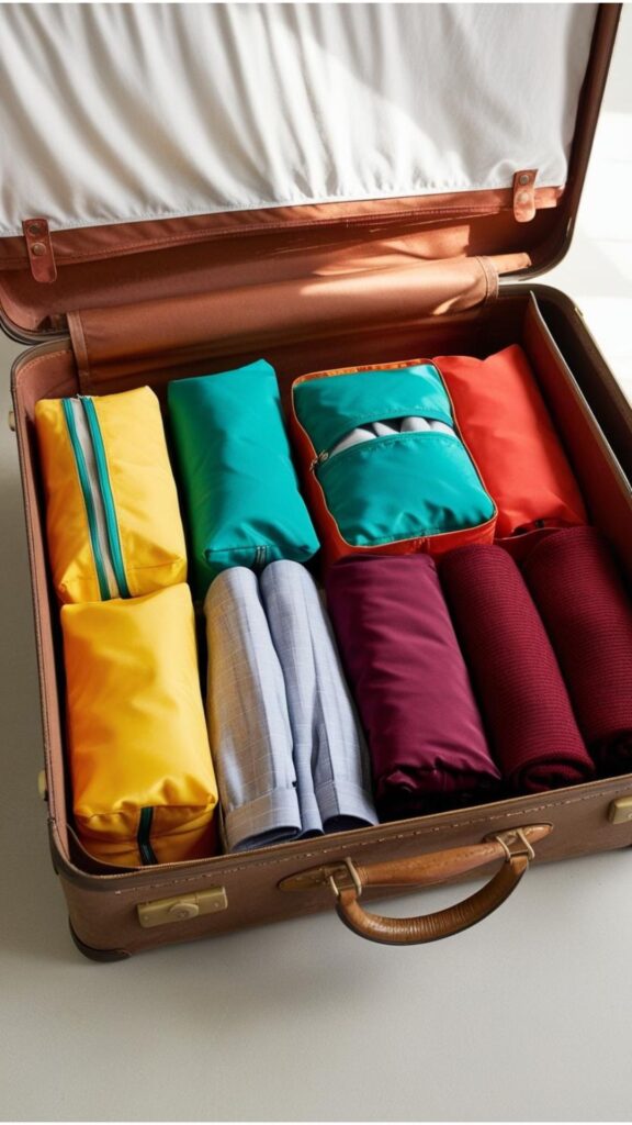 A suitcase with clothes neatly organized in different colored packing cubes.