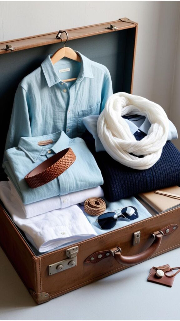 A suitcase filled with clothes and accessories in a coordinated color palette, such as shades of blue and white.