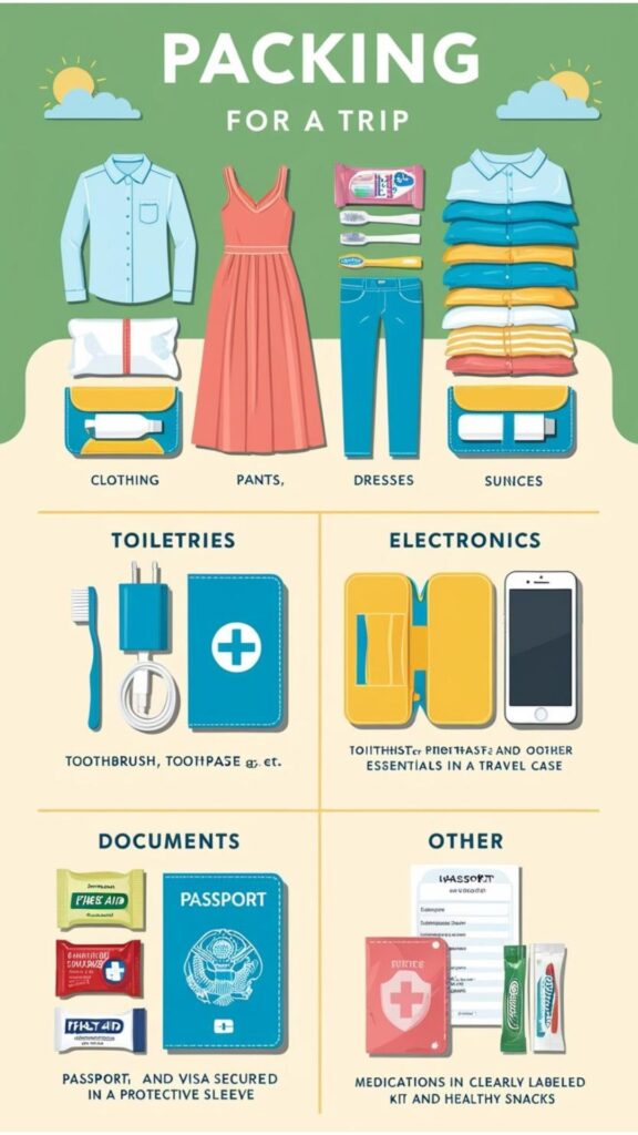 Packing checklist: Clothing (shirts, pants, dresses, etc.), toiletries, electronics (phone, charger), documents (passport, visa), and other (meds, first-aid, snacks).