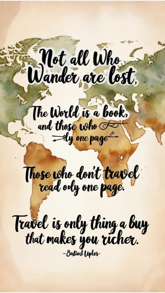 Inspiring travel quotes: "Not all who wander are lost," "World is a book, those who don't travel read one page," "Travel is the only thing you buy that makes you richer."