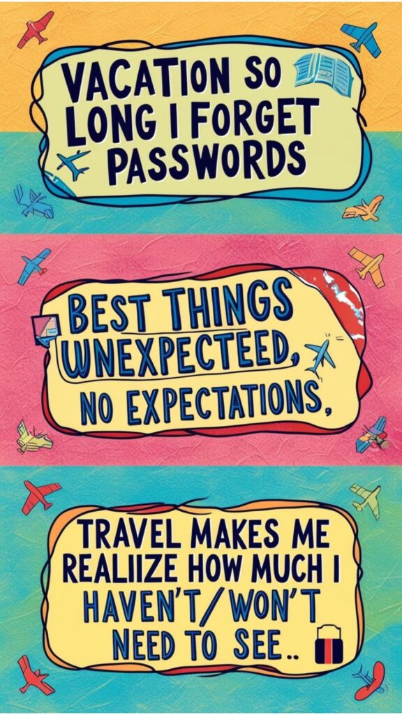 Funny travel quotes: "Vacation so long I forget passwords," "Best things unexpected, no expectations," "Travel makes me realize how much I haven't/won't/need to see."