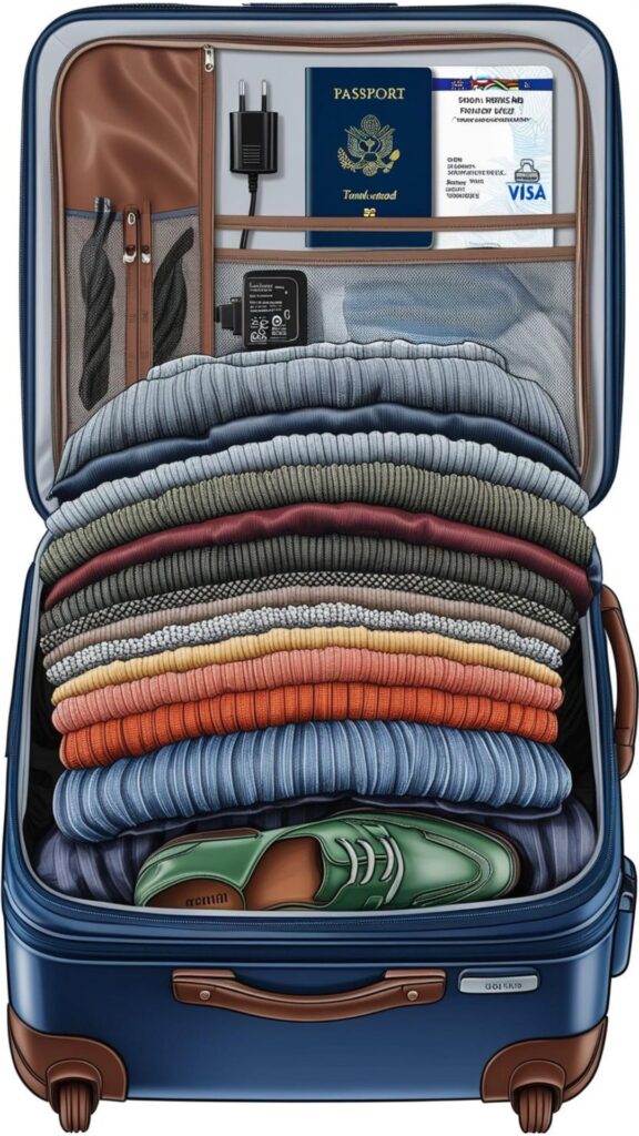 Packing for Europe: Layers for varied temperatures, comfortable shoes, adapter/converter for electronics, and organized travel documents (passport, visa).