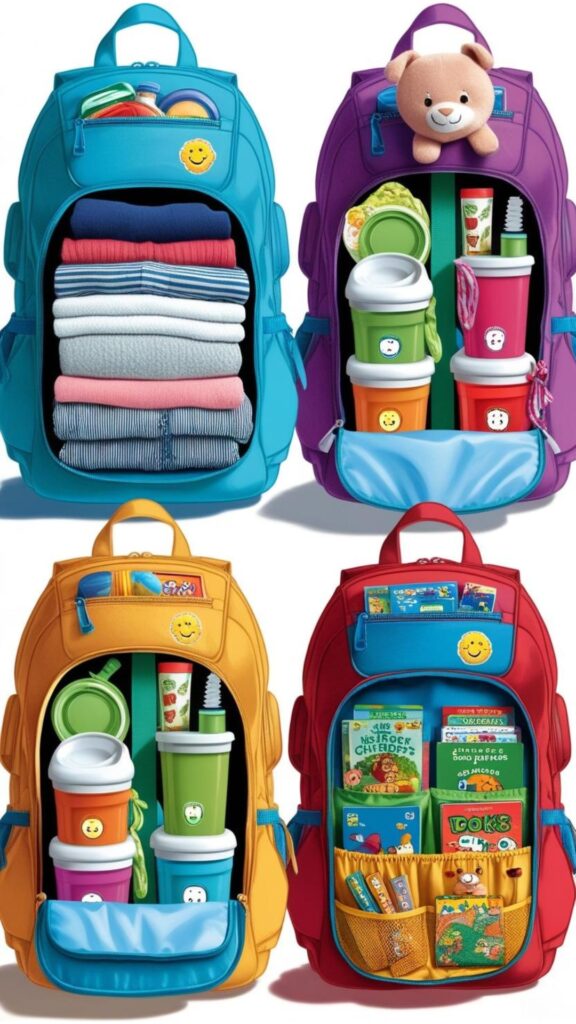 Packing for kids: Separate bags for each child (clothes, toiletries, entertainment), snacks/drinks, books/games/activities, and comfort items.