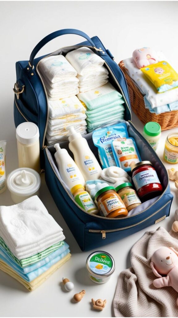 Packing for a baby: Diapers/wipes/cream, formula/breast milk, baby food/snacks/bottles, clothes/blankets, toys/comfort items.  Pack for a small army!