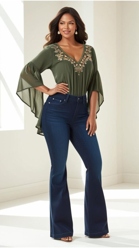 A stunning woman with an apple-shaped body confidently wearing high-rise, bootcut jeans with a flowy tunic top.