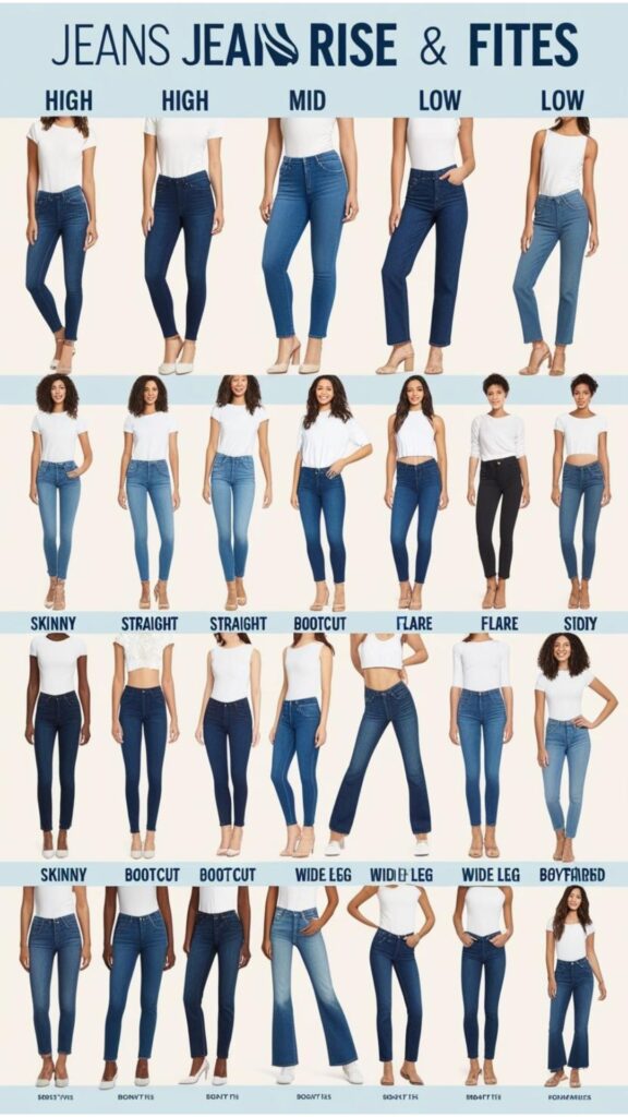 A visual guide illustrating different jean rises (high, mid, low) and fits (skinny, straight, bootcut, flare, wide leg, boyfriend) on various body types.