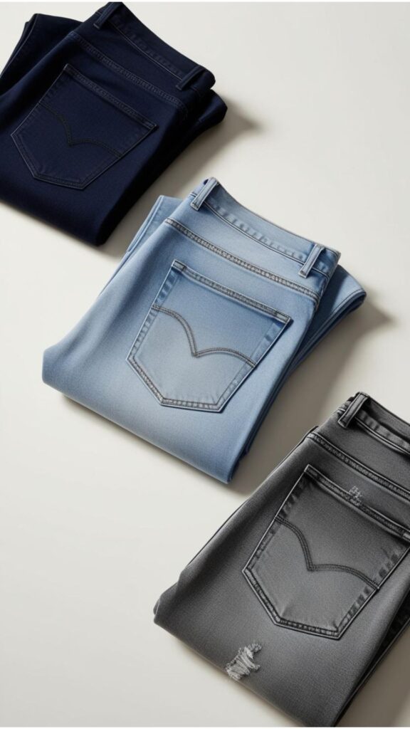 Examples of dark wash, light wash, and distressed jeans, showcasing the different looks they create.
